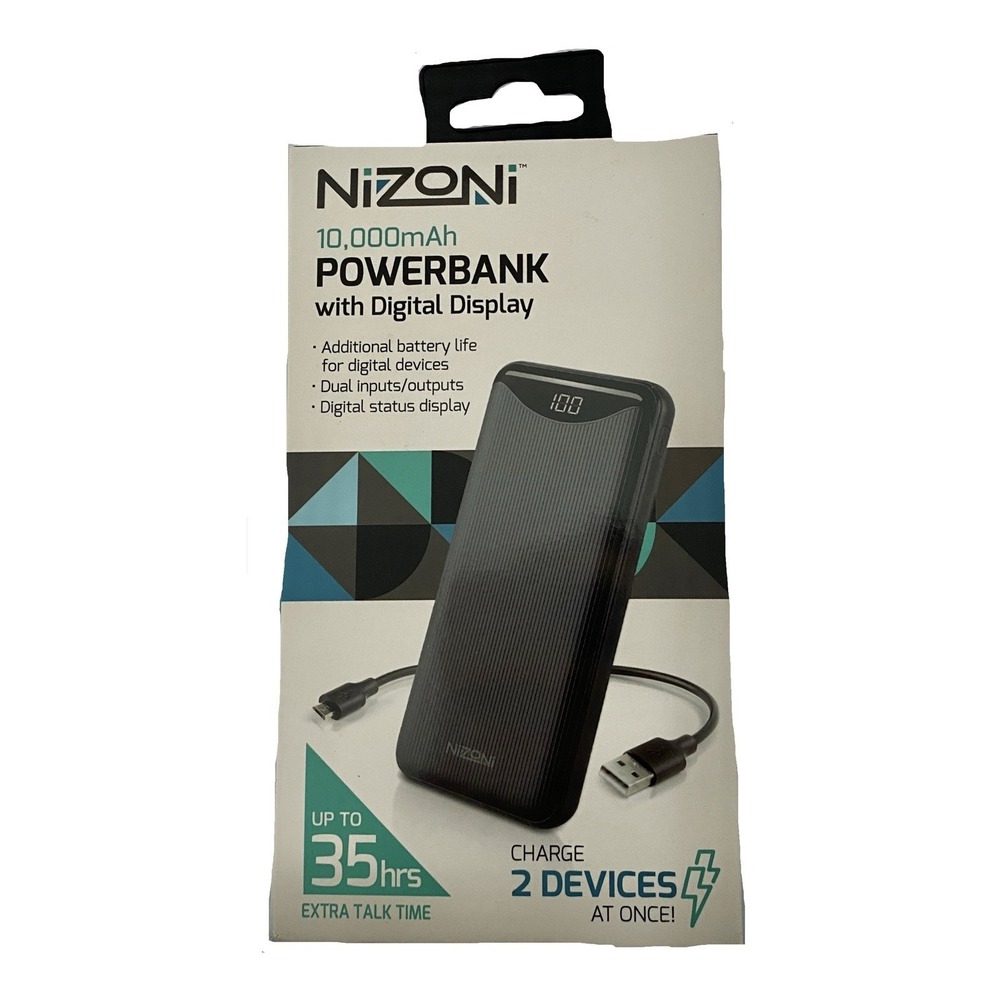 NiZONi 10000mAh Power Bank Portable Charger with Digital Display Dual Output‎